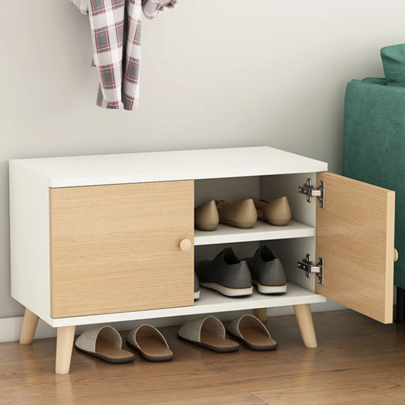 Modern White Wood Shoe Storage Bench with Cushion Image - 3 | homeyfad