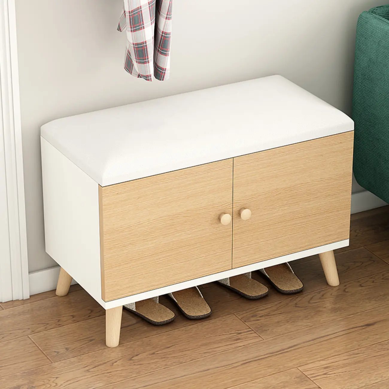 Modern White Wood Shoe Storage Bench with Cushion Image - 6 | homeyfad