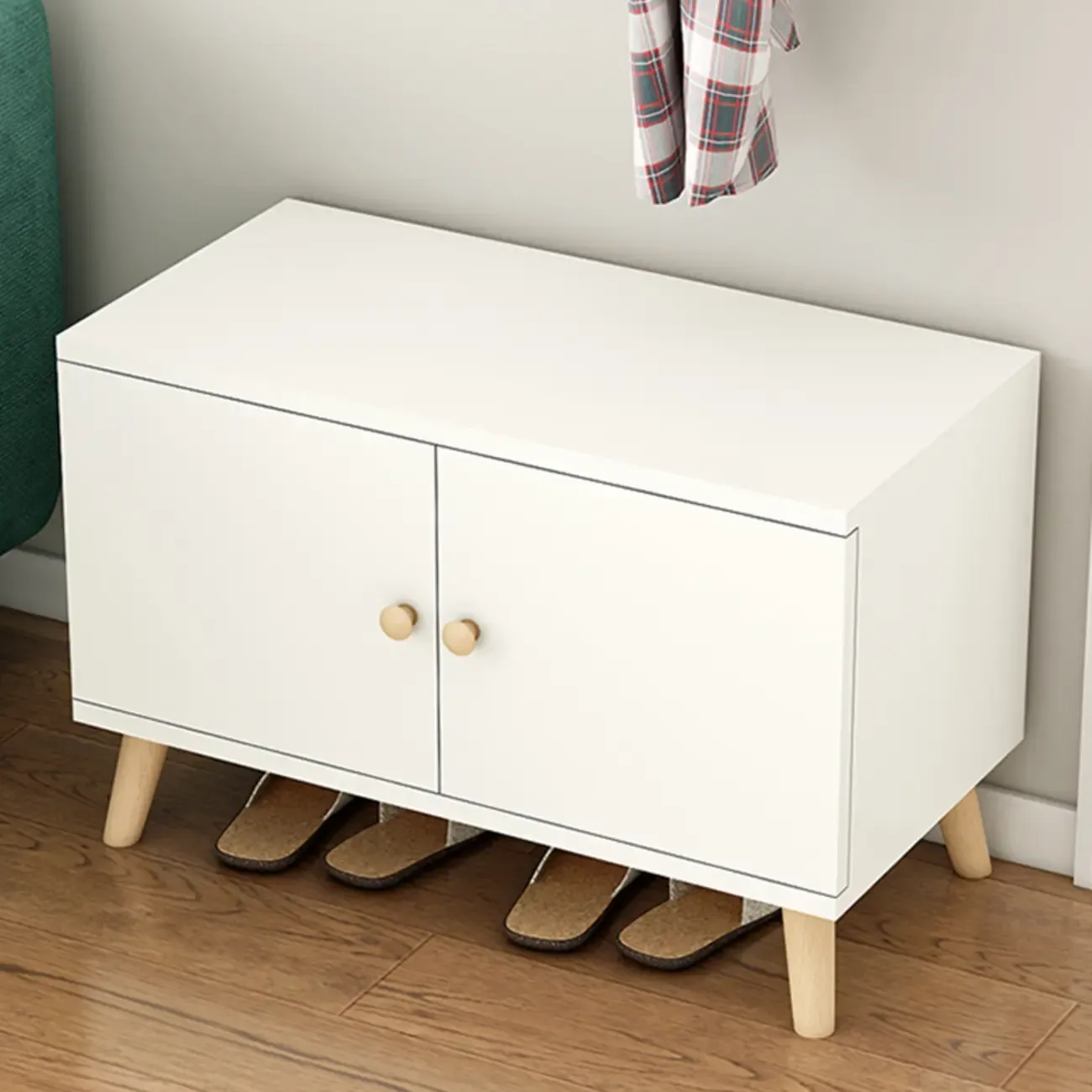 Modern White Wood Shoe Storage Bench with Cushion Image - 7