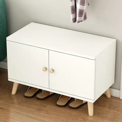 Modern White Wood Shoe Storage Bench with Cushion Image - 7