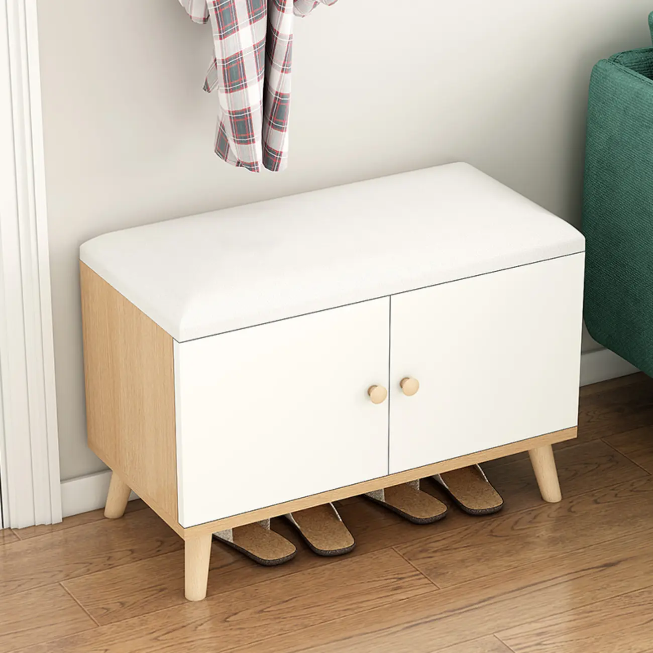 Modern White Wood Shoe Storage Bench with Cushion Image - 2 | homeyfad