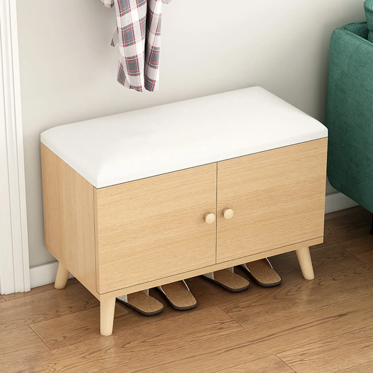 Modern White Wood Shoe Storage Bench with Cushion Image - 8 | homeyfad