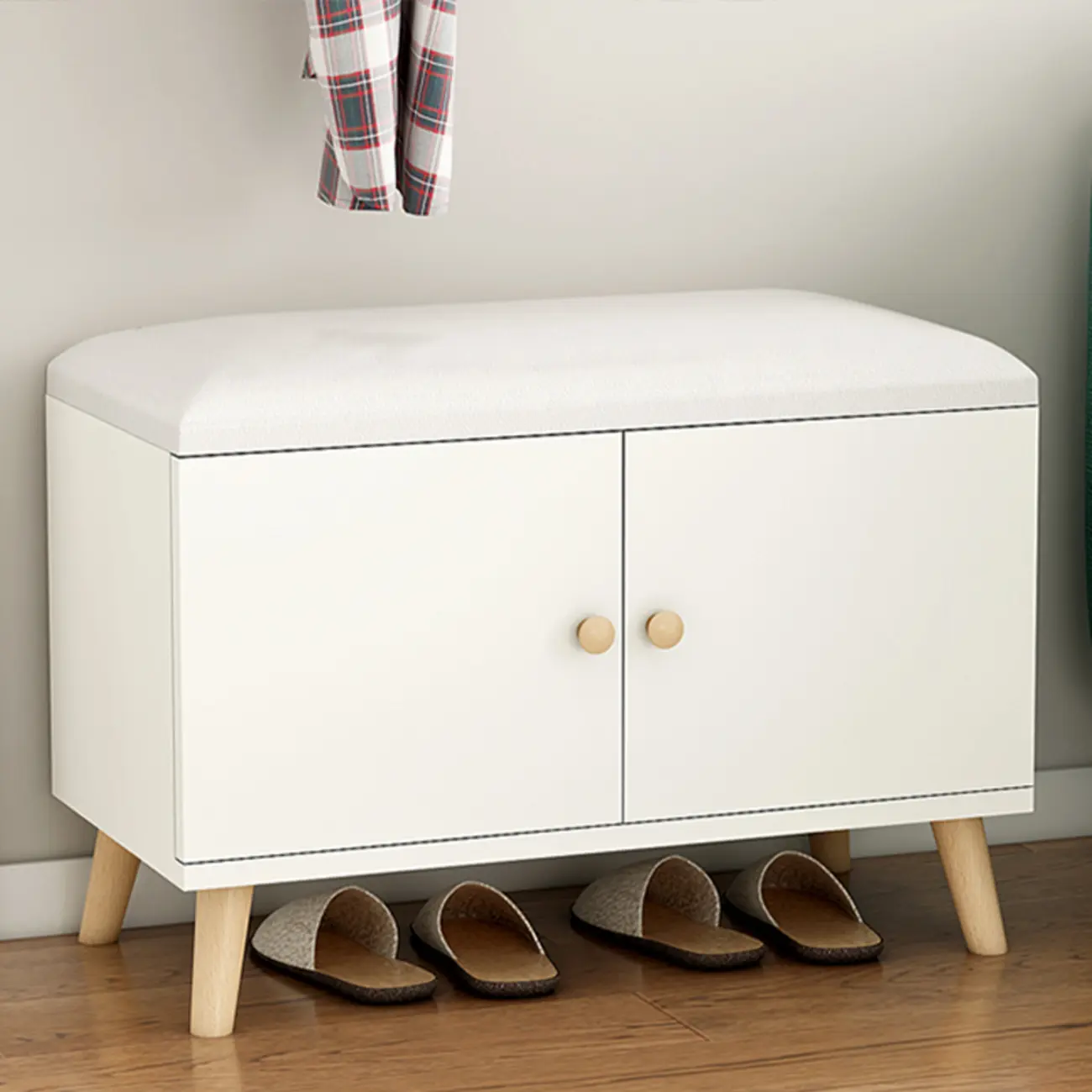 Modern White Wood Shoe Storage Bench with Cushion Image - 9 | homeyfad