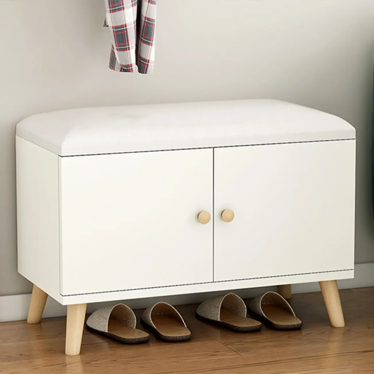 Modern White Wood Shoe Storage Bench with Cushion Image - 9