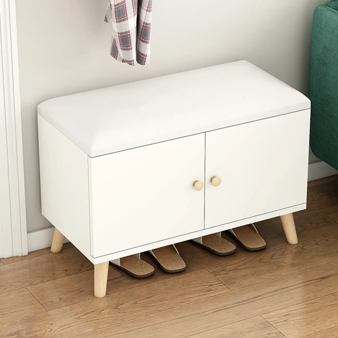 Modern White Wood Shoe Storage Bench with Cushion Image - 1
