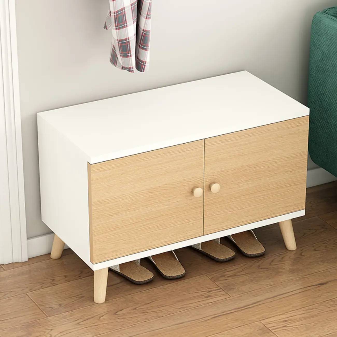 Modern White Wood Shoe Storage Bench with Cushion Image - 11
