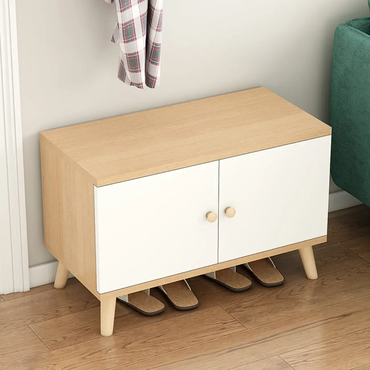 Modern White Wood Shoe Storage Bench with Cushion Image - 13