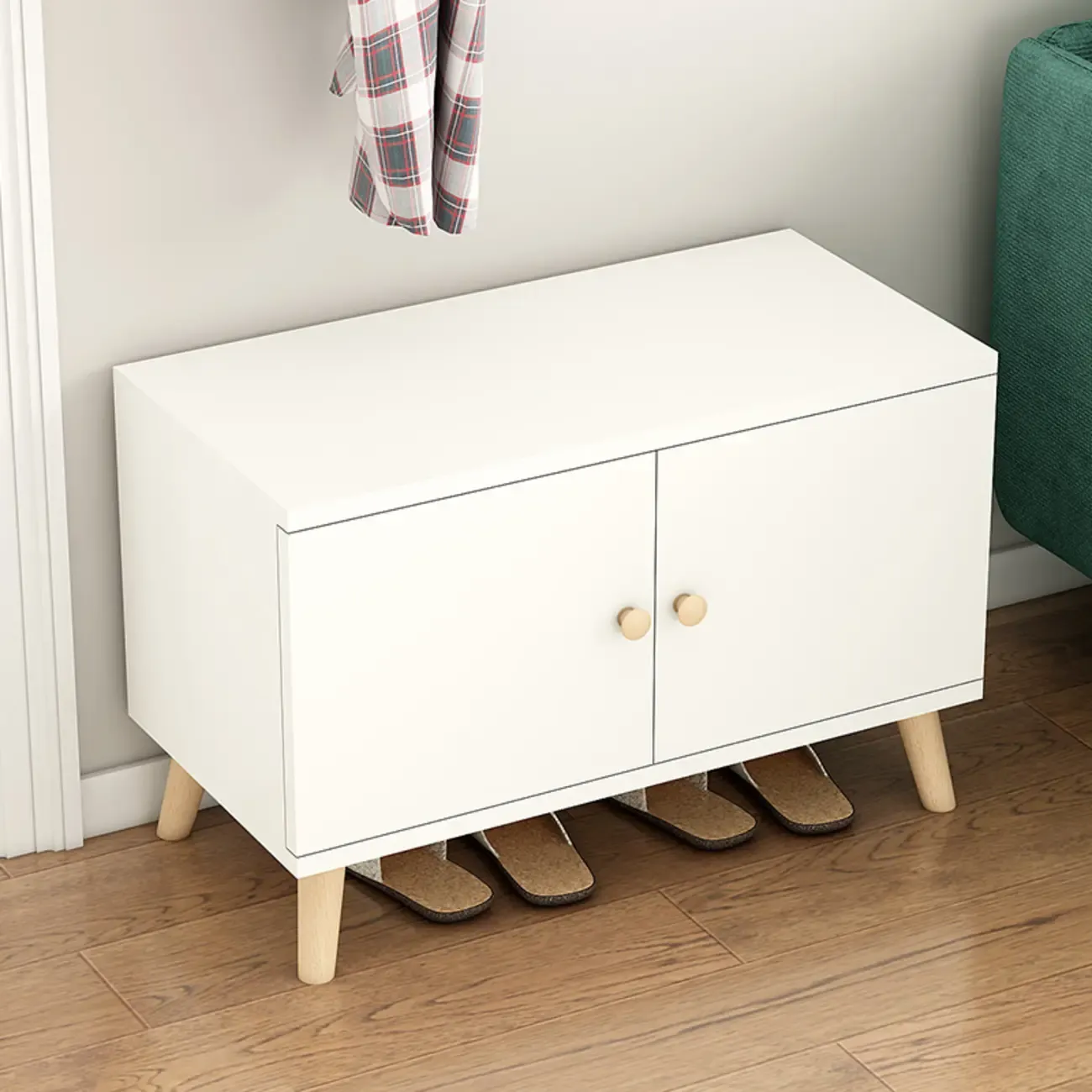 Modern White Wood Shoe Storage Bench with Cushion Image - 15