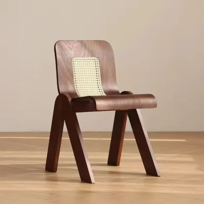 Armless Mid-Century Modern Wood Rattan Dining Chair Image - 7