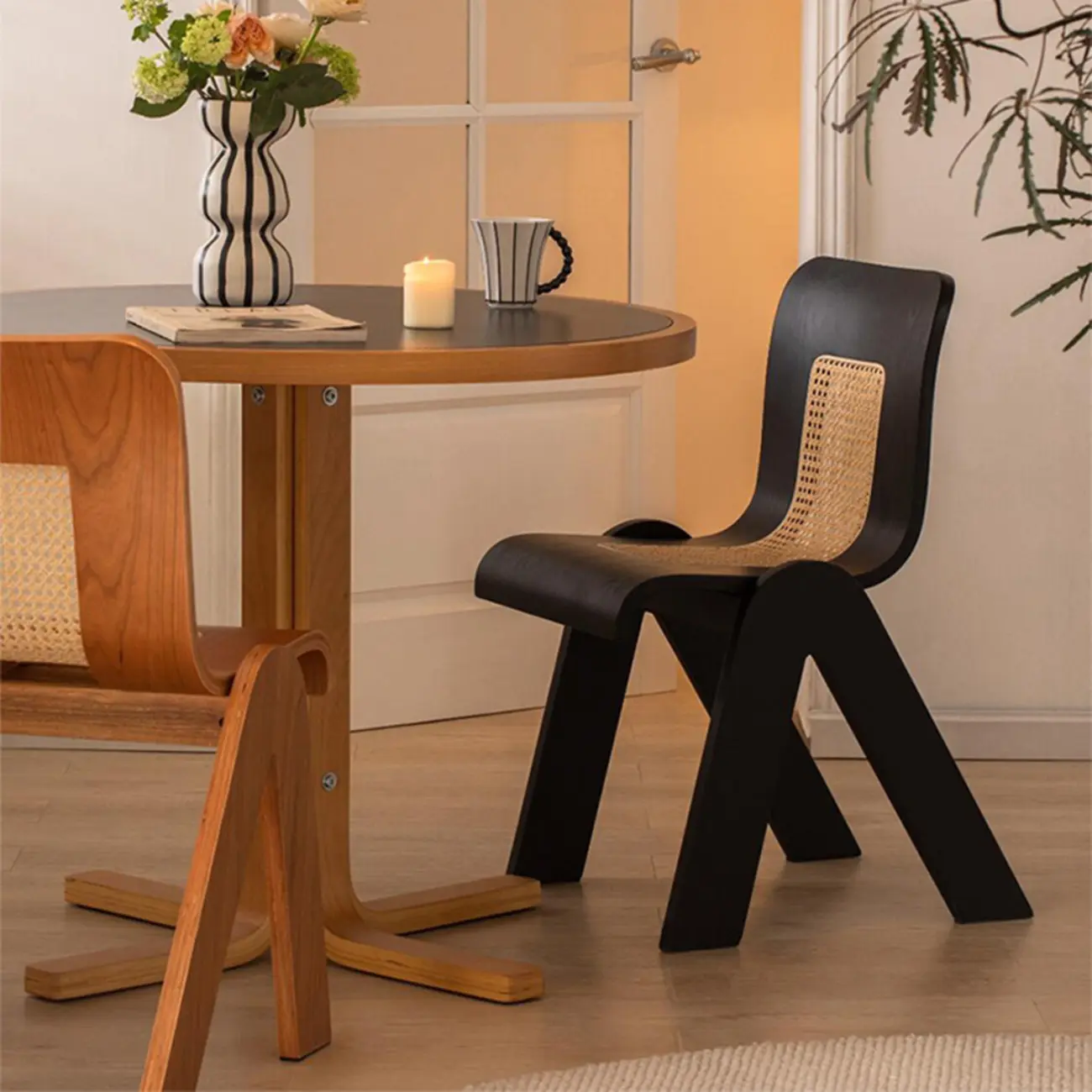 Armless Mid-Century Modern Wood Rattan Dining Chair Image - 4 | homeyfad