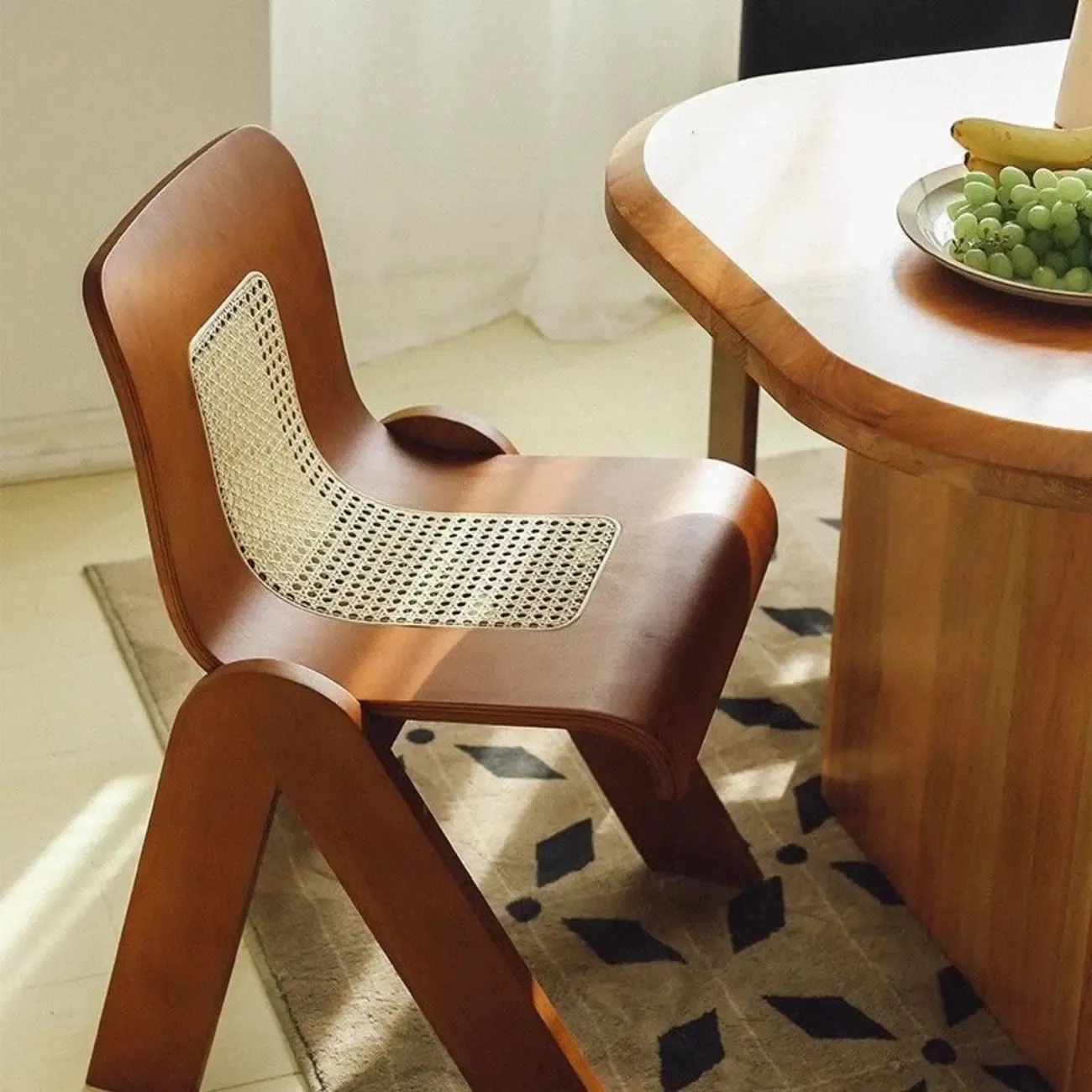 Armless Mid-Century Modern Wood Rattan Dining Chair Image - 3