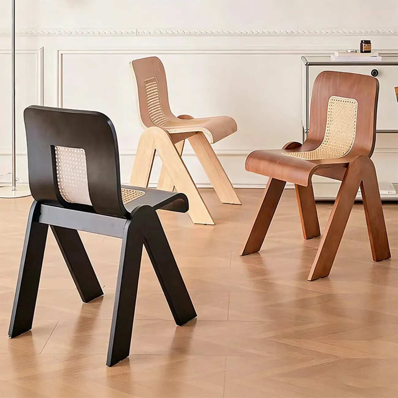 Armless Mid-Century Modern Wood Rattan Dining Chair Image - 2 | homeyfad