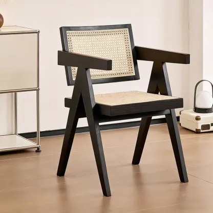 Traditional Modern Square Armless Wood Rattan Dining Chair Image - 2