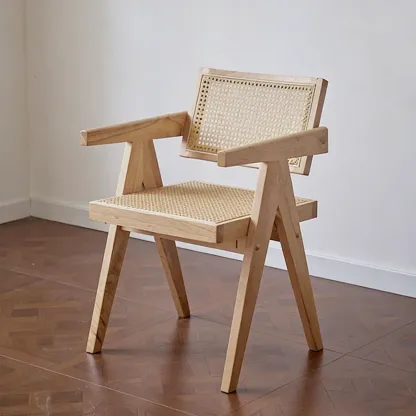 Traditional Modern Square Armless Wood Rattan Dining Chair Image - 4