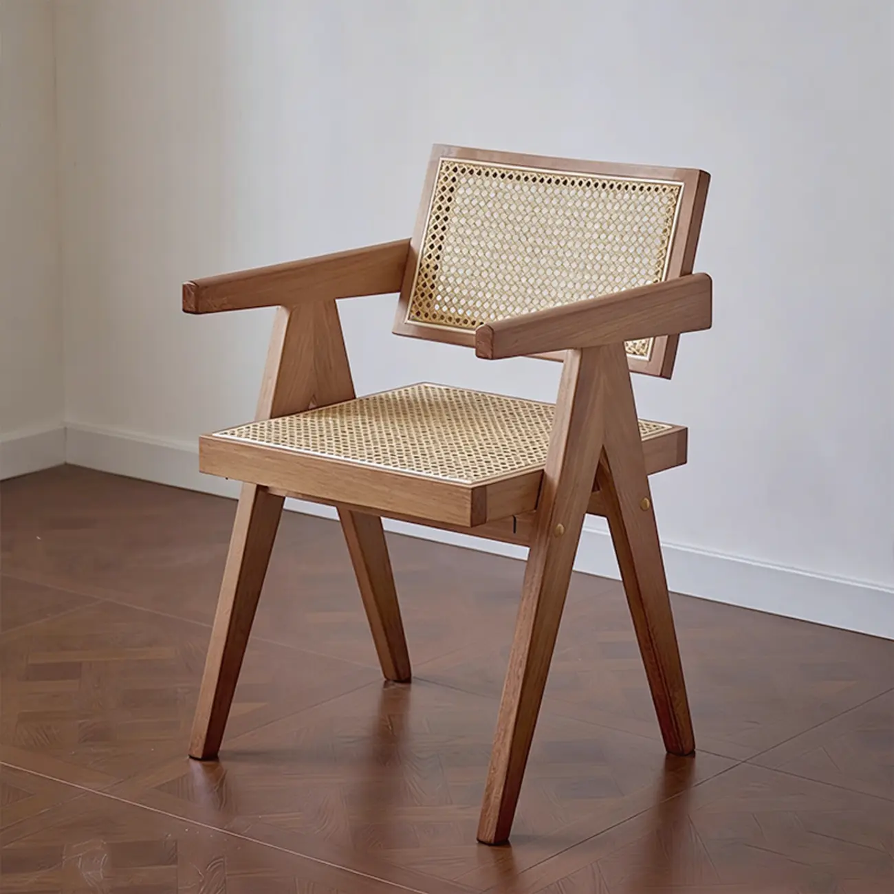 Traditional Modern Square Armless Wood Rattan Dining Chair Image - 5 | homeyfad