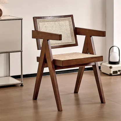 Traditional Modern Square Armless Wood Rattan Dining Chair Image - 3