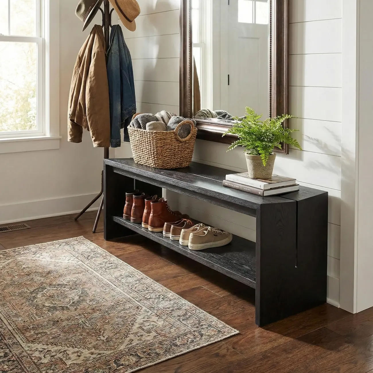 Scandinavian Solid Wood Curved Entryway Bench in Black Image - 1 | homeyfad