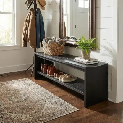 Scandinavian Solid Wood Curved Entryway Bench in Black Image - 1