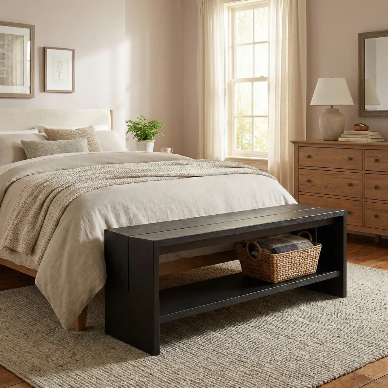 Scandinavian Solid Wood Black Curved Entryway Bench | homeyfad