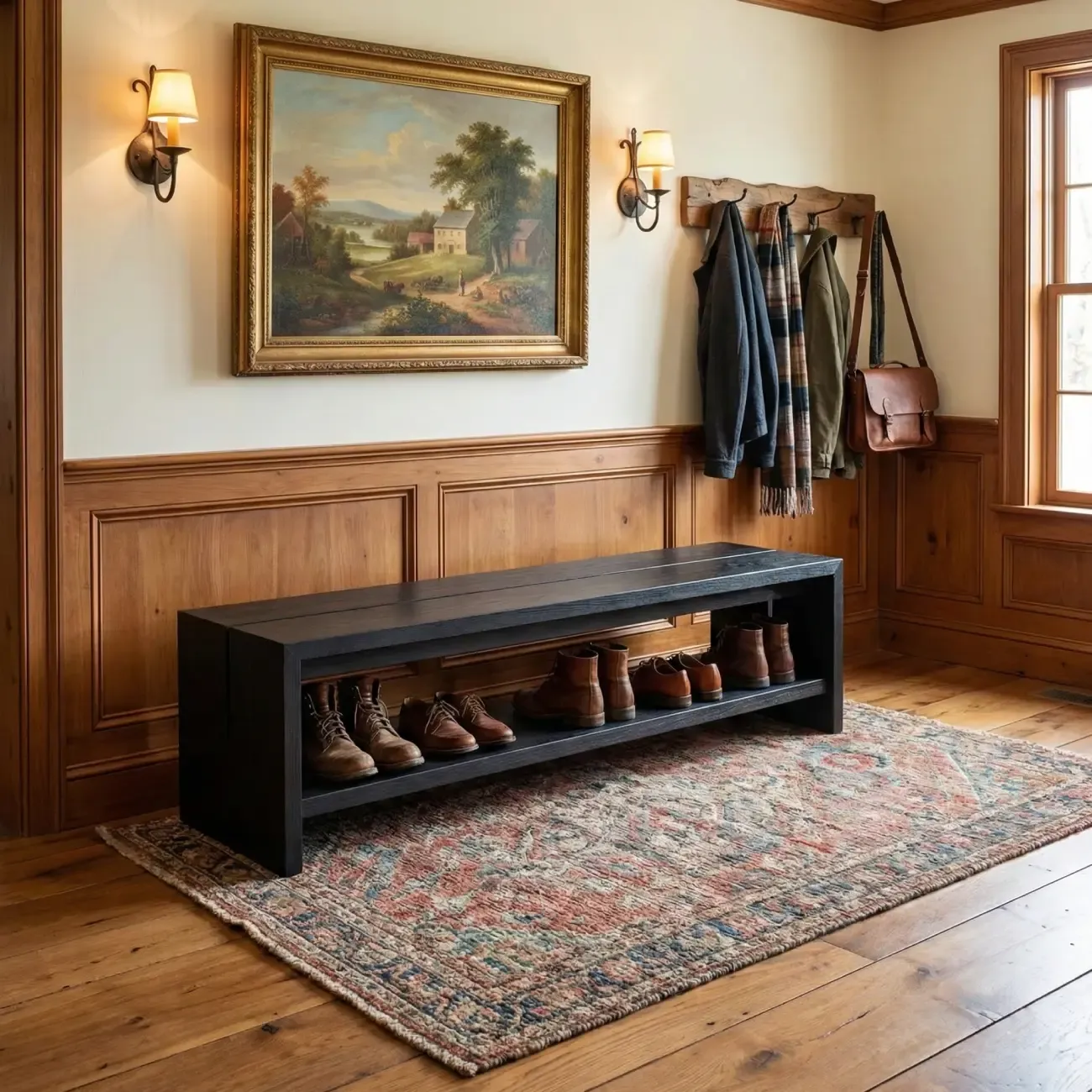 Scandinavian Solid Wood Curved Entryway Bench in Black Image - 5