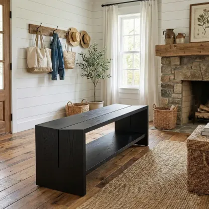 Scandinavian Solid Wood Curved Entryway Bench in Black Image - 3