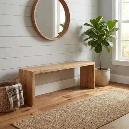 Wooden Entryway Bench Minimalistic Long Natural Finish Image - 1