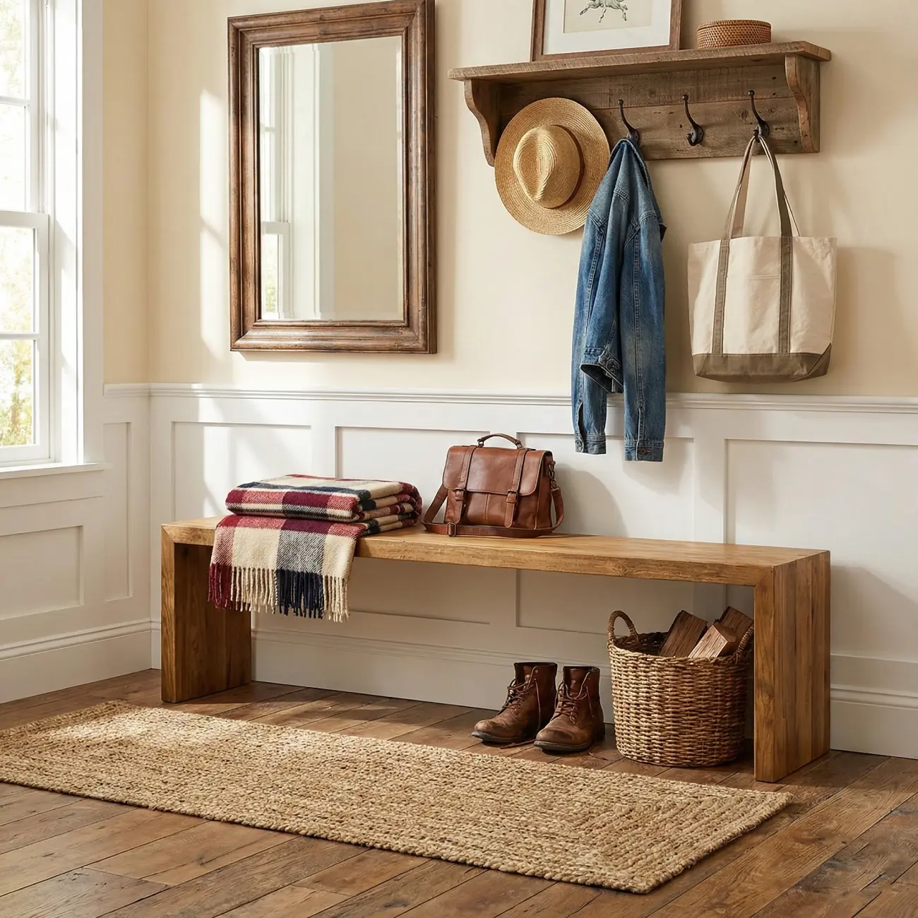 Wooden Entryway Bench Minimalistic Long Natural Finish Image - 11 | homeyfad