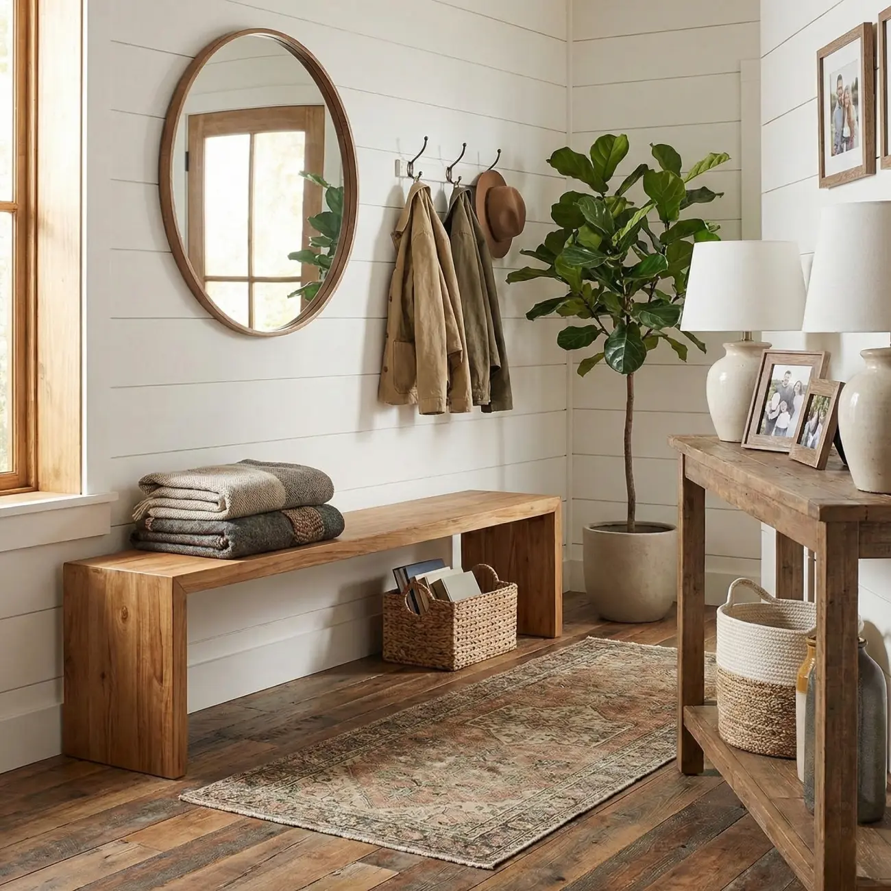 Wooden Entryway Bench Minimalistic Long Natural Finish Image - 2 | homeyfad