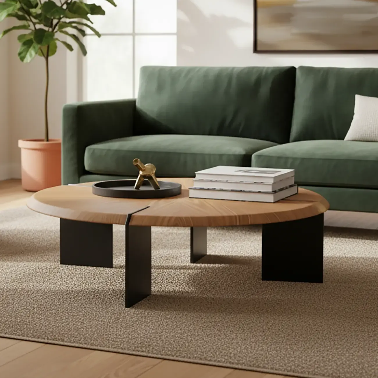 Round Modern Wood Stainless Steel Living Room Coffee Table Image - 1