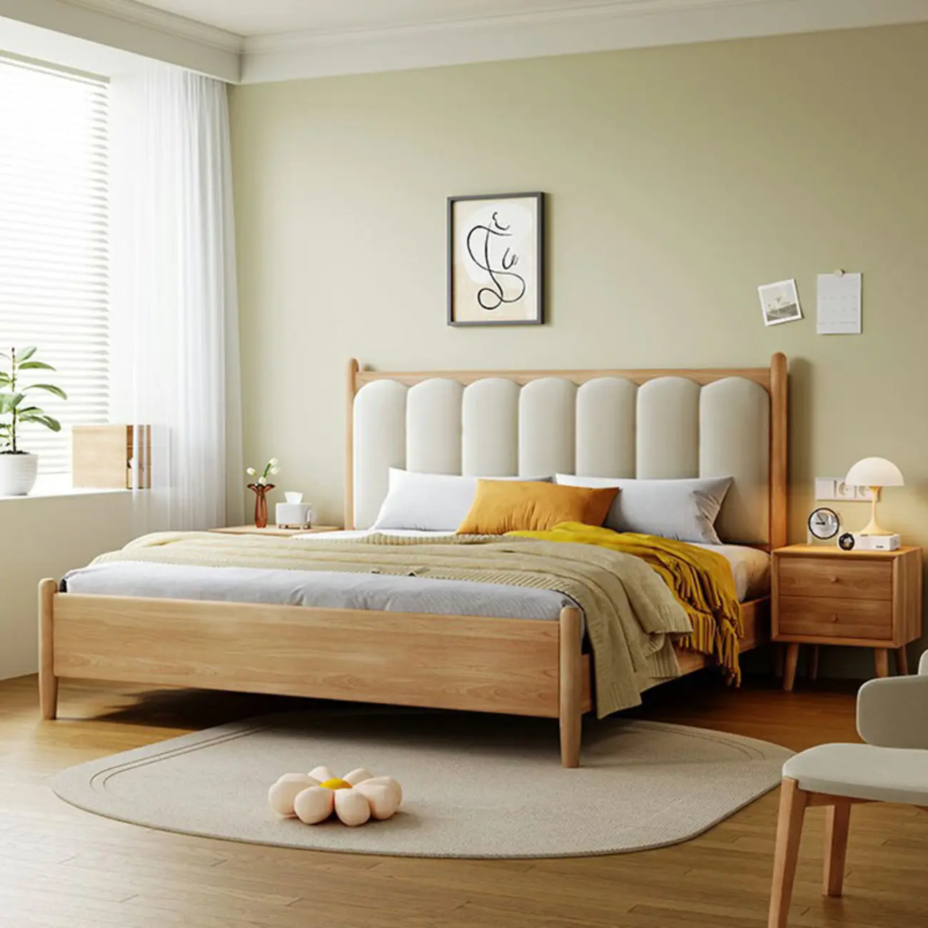 Scandinavian Natural Wood Platform Bed with Fabric Headboard Image - 1 | homeyfad