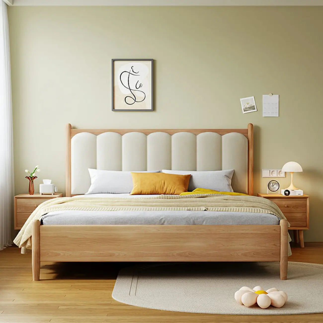Scandinavian Natural Wood Platform Bed with Fabric Headboard Image - 2 | homeyfad