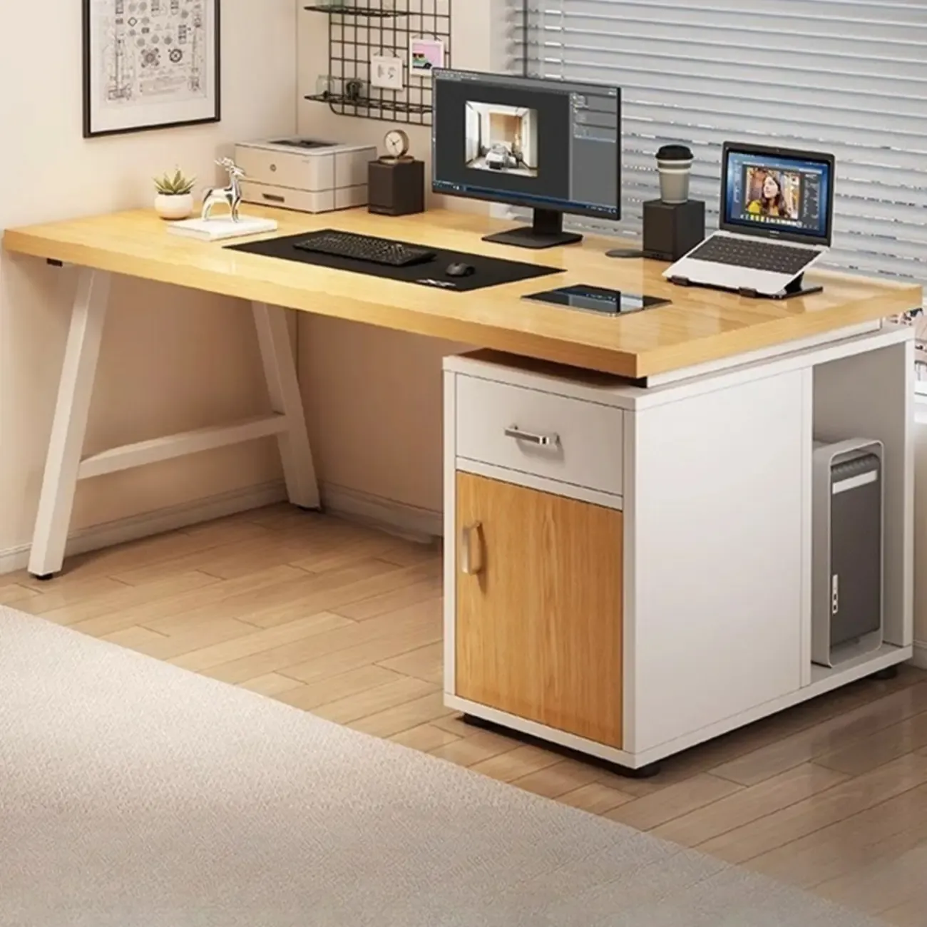 Durable Wooden Rectangle Pedestal Office Desk with Cabinets Image - 3