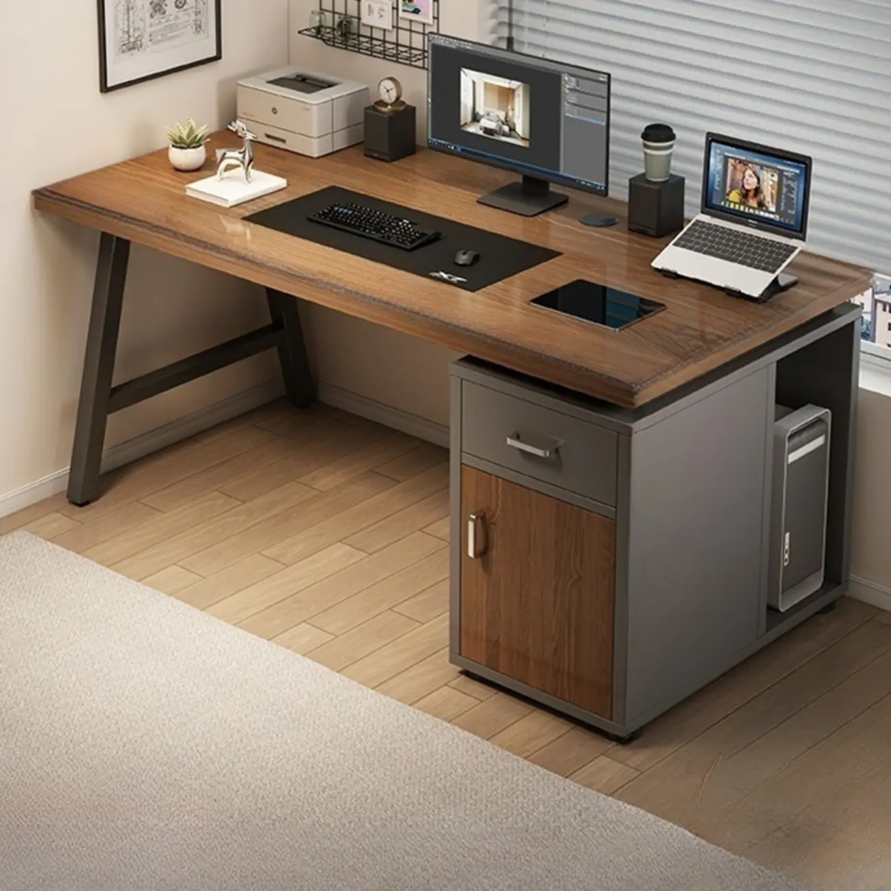 Durable Wooden Rectangle Pedestal Office Desk with Cabinets Image - 2 | homeyfad