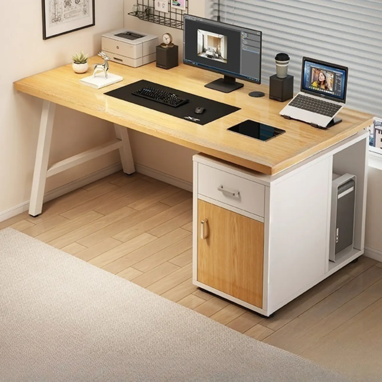 Durable Wooden Rectangle Pedestal Office Desk with Cabinets Image - 1 | homeyfad
