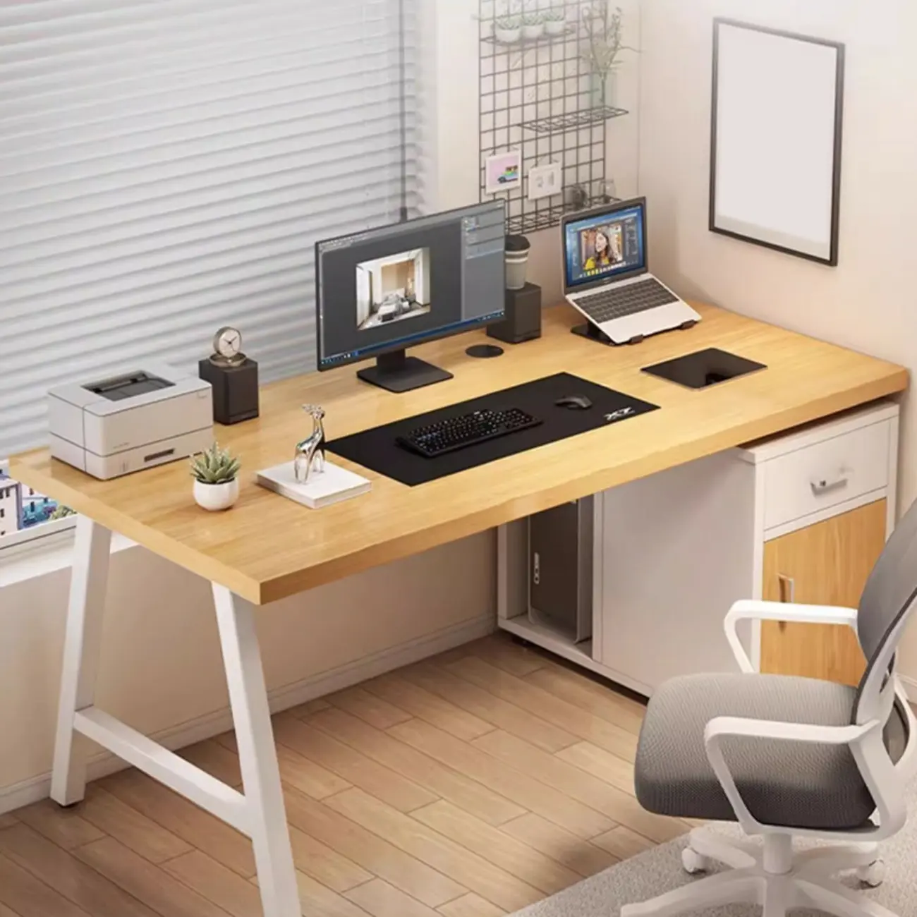 Durable Wooden Rectangle Pedestal Office Desk with Cabinets Image - 4 | homeyfad