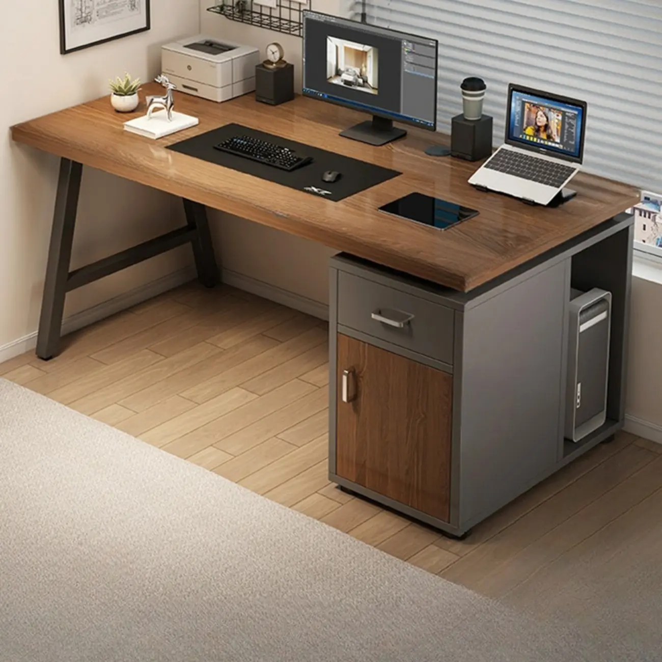 Durable Wooden Rectangle Pedestal Office Desk with Cabinets Image - 5 | homeyfad