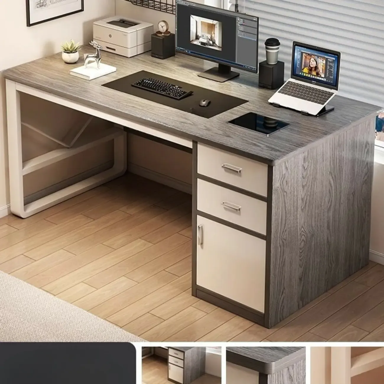 Durable Wooden Rectangle Pedestal Office Desk with Cabinets Image - 7