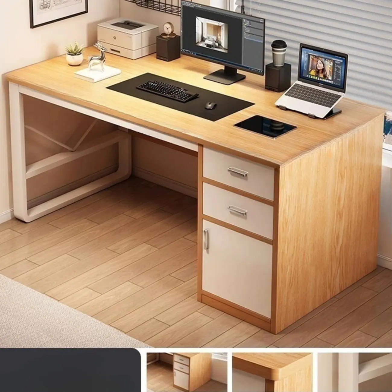 Durable Wooden Rectangle Pedestal Office Desk with Cabinets Image - 9 | homeyfad