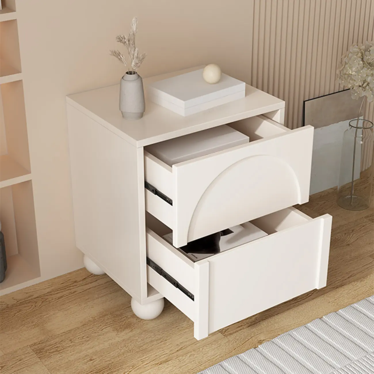 Minimalist Arch Carved Wood 2-Drawer Nightstand Image - 2 | homeyfad