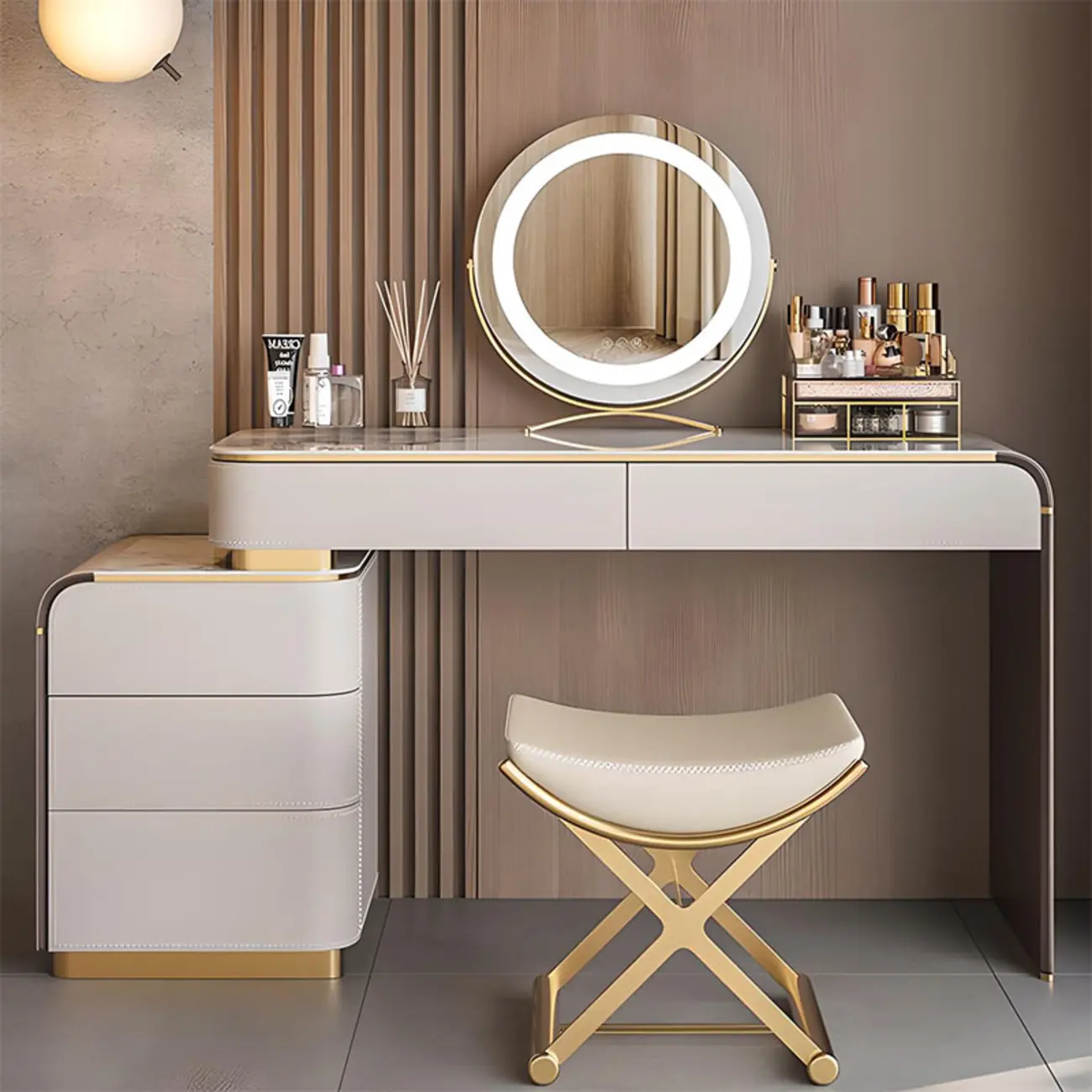 Scalable Stone White Makeup Vanity Set with Storage Image - 2 | homeyfad