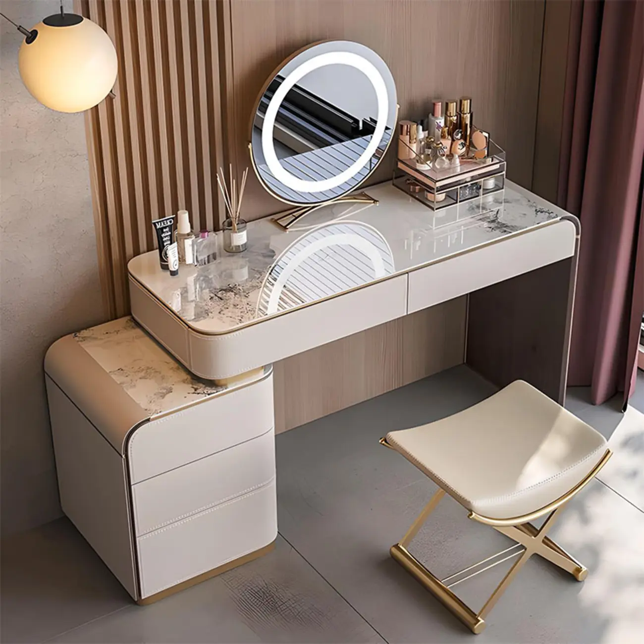 Scalable Stone White Makeup Vanity Set with Storage Image - 1 | homeyfad