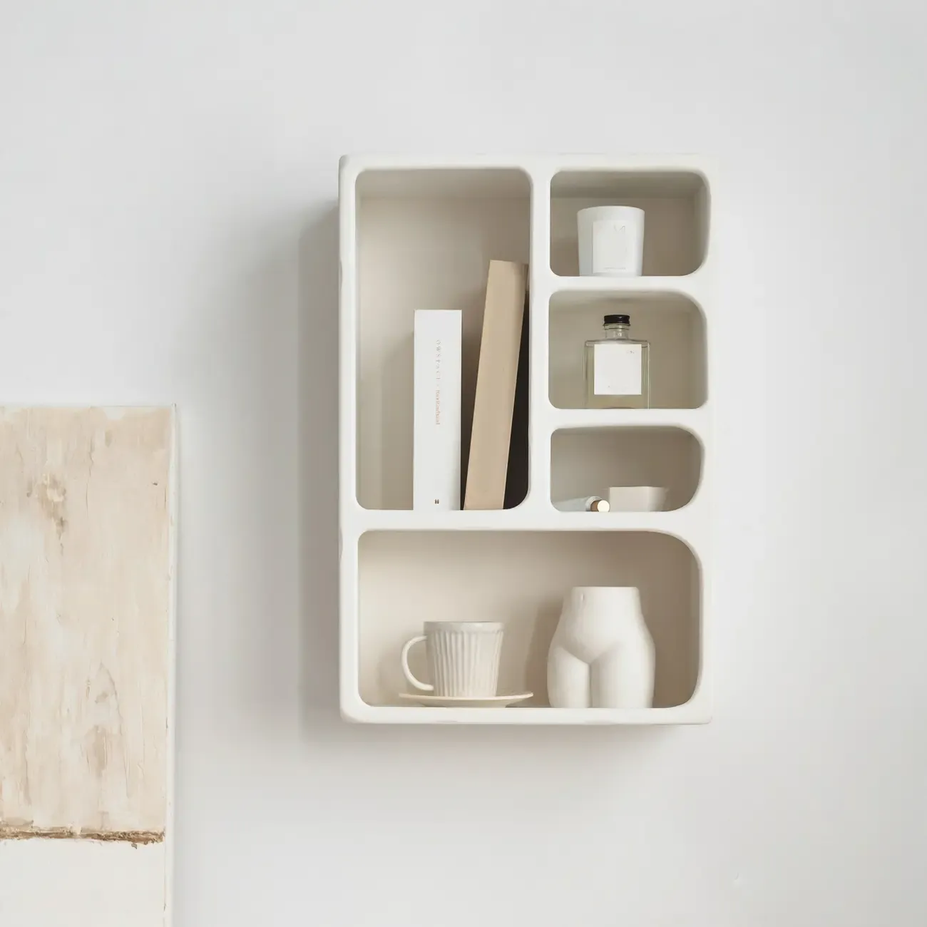 Elegant White Wall-Mounted Wooden Open Display Stand Image - 2