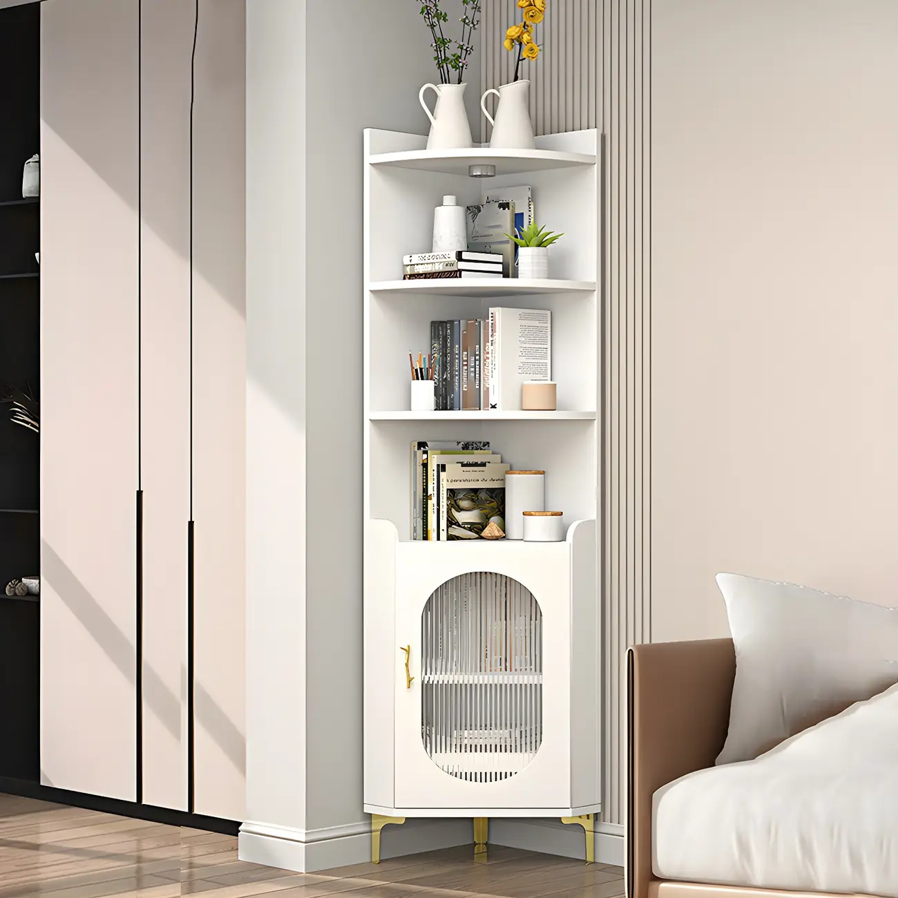 Modern White Rounded Wood Metal Leg Storage Corner Cabinet Image - 1 | homeyfad