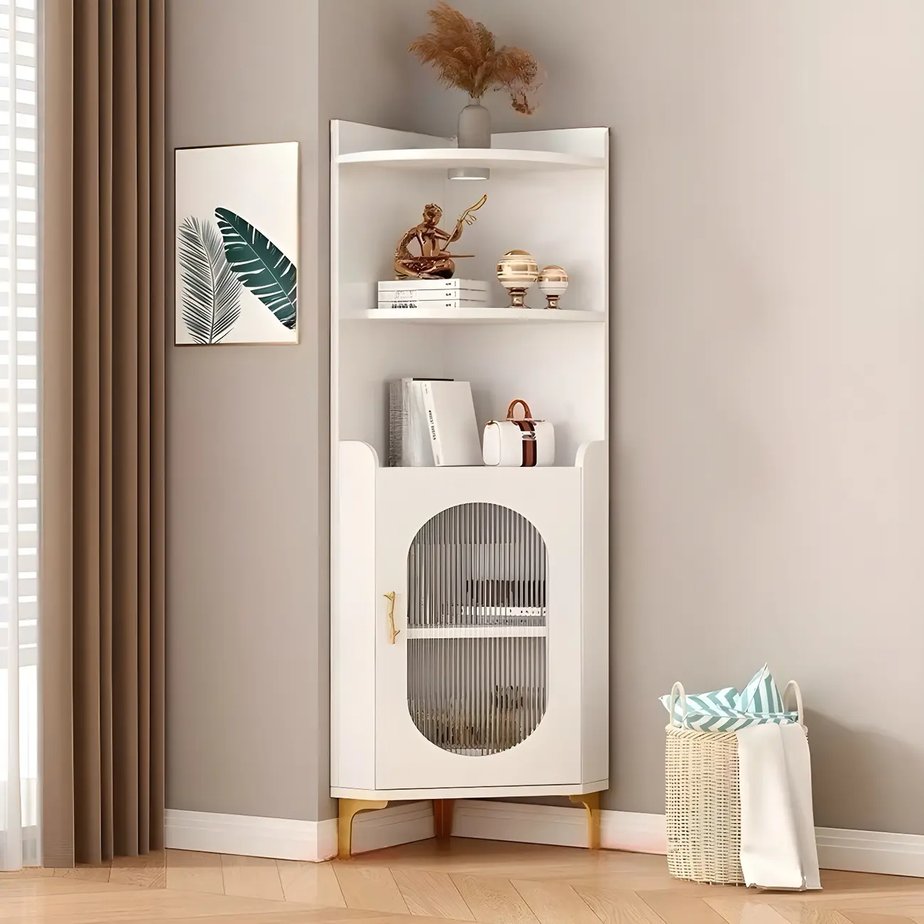 Modern White Rounded Wood Metal Leg Storage Corner Cabinet Image - 2 | homeyfad