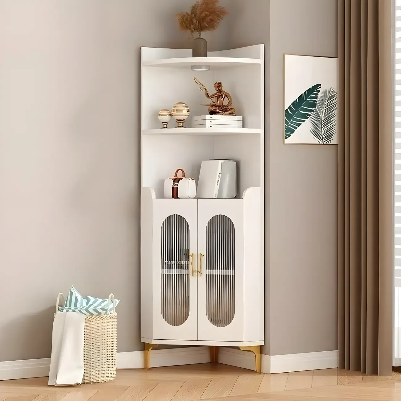 Modern White Rounded Wood Metal Leg Storage Corner Cabinet Image - 3