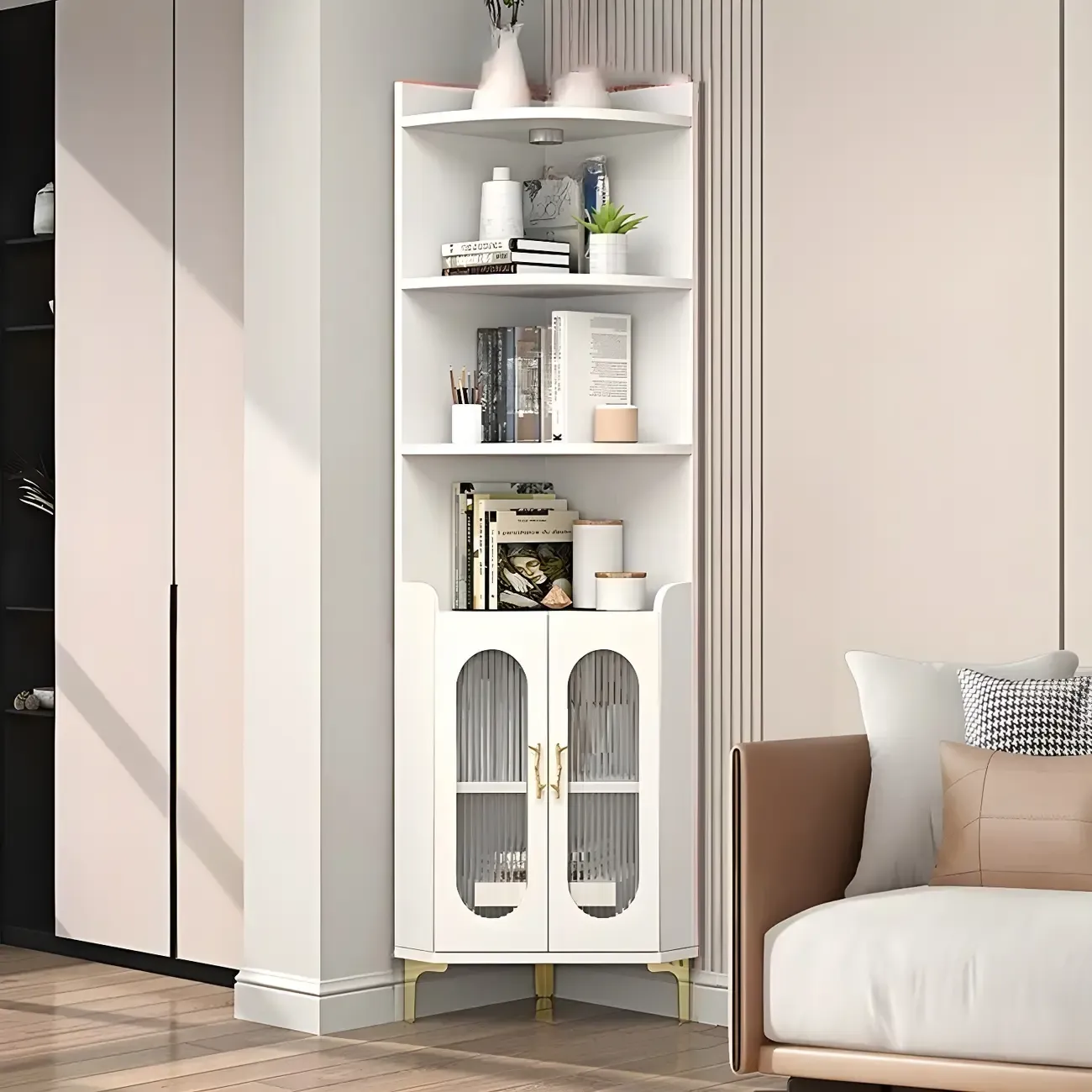 Modern White Rounded Wood Metal Leg Storage Corner Cabinet Image - 4