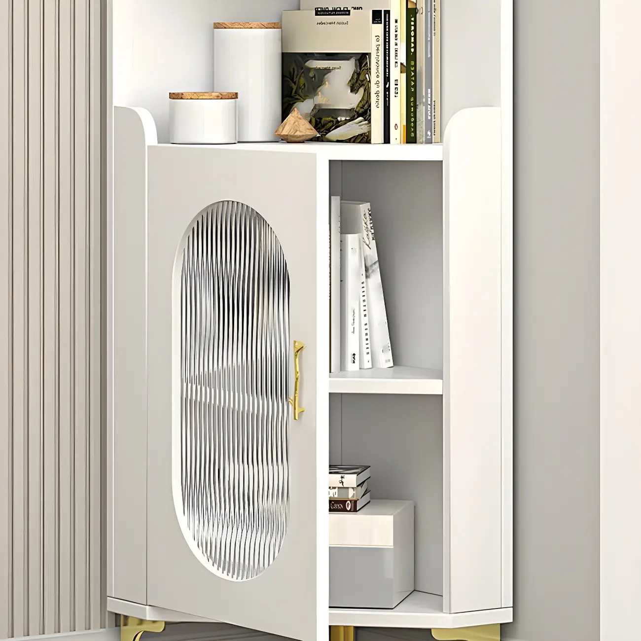 Modern White Rounded Wood Metal Leg Storage Corner Cabinet Image - 7 | homeyfad