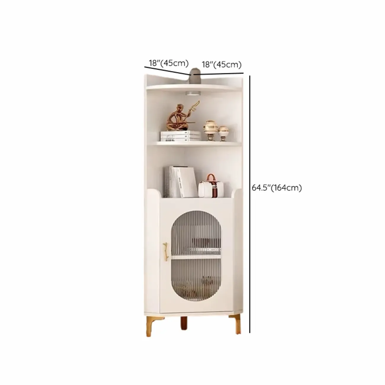 Modern White Rounded Wood Metal Leg Storage Corner Cabinet Image - 10