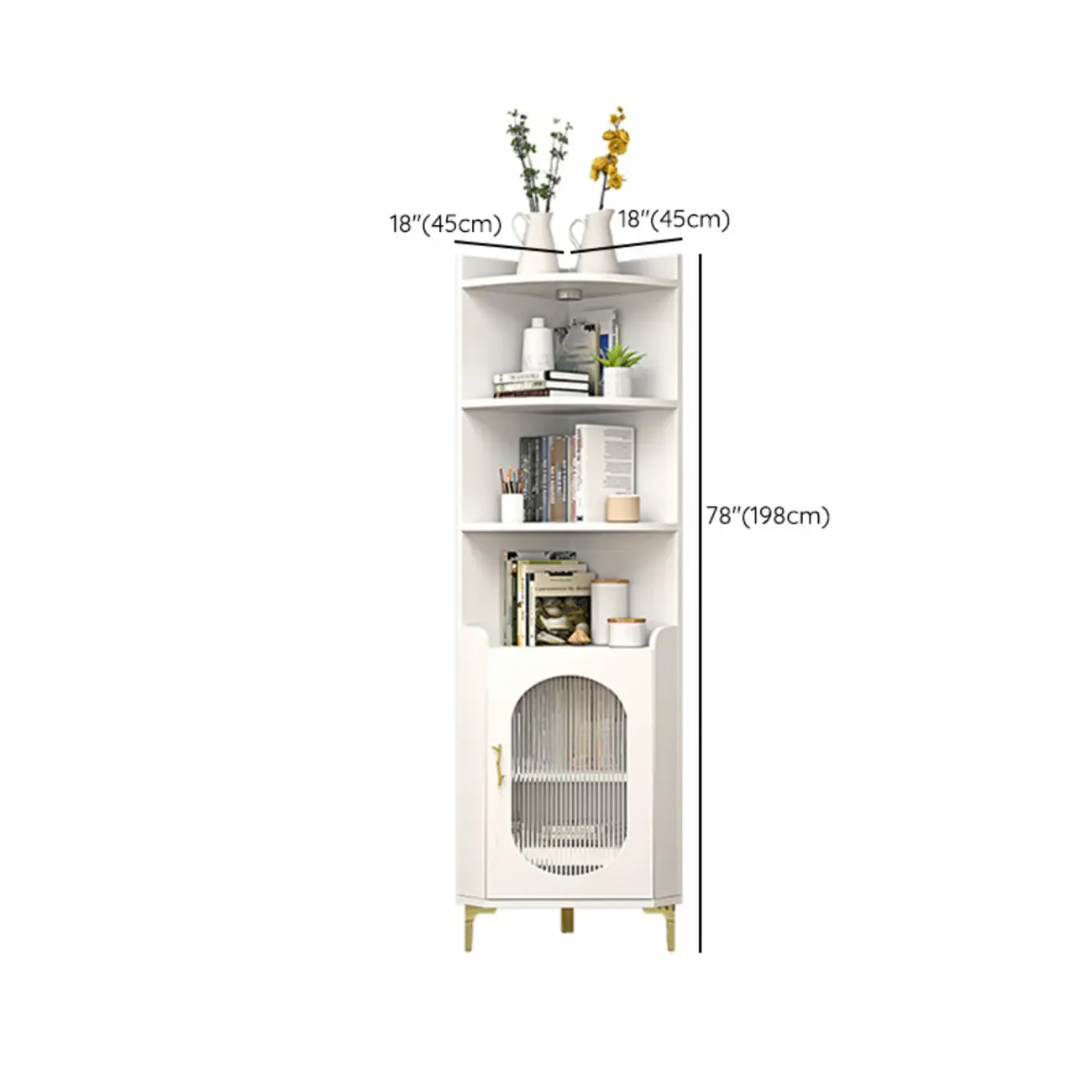 Modern White Rounded Wood Metal Leg Storage Corner Cabinet Image - 14