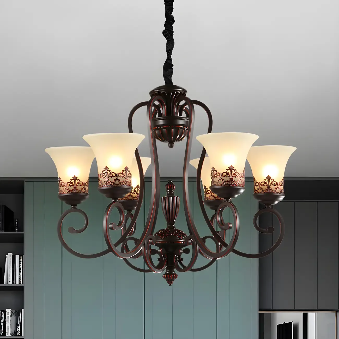 Black Metal Glass Vintage Style Chandelier Light Image - 2